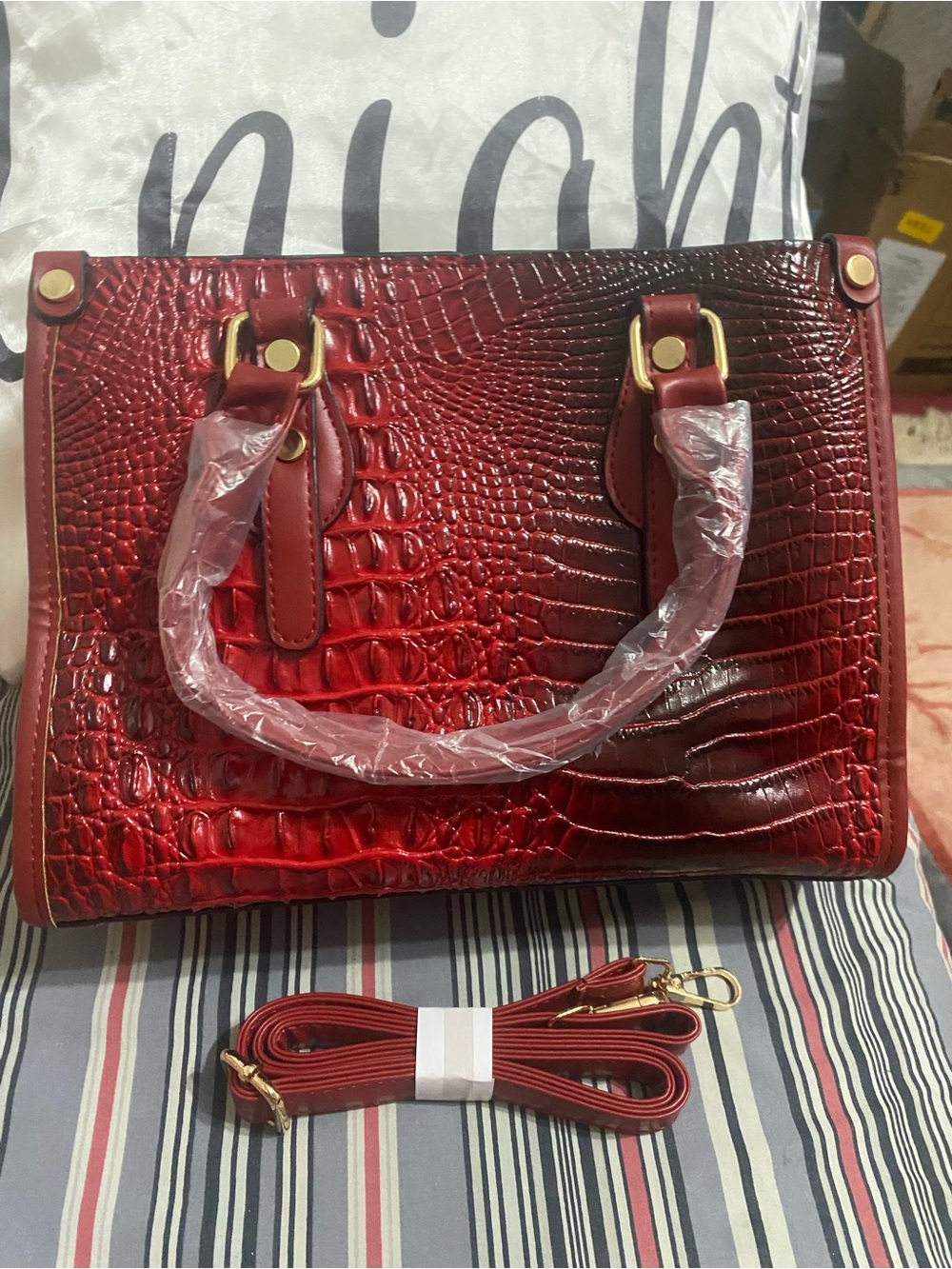 Women's Red Croc-Embossed Satchel with Detachable Strap